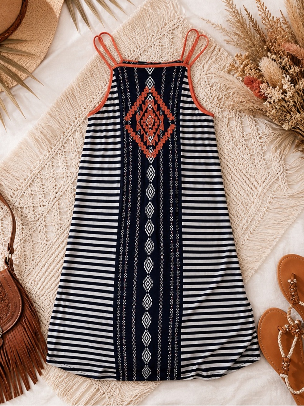 THML Boho Maxi Dress Navy Orange Aztec Print  Sleeveless XS